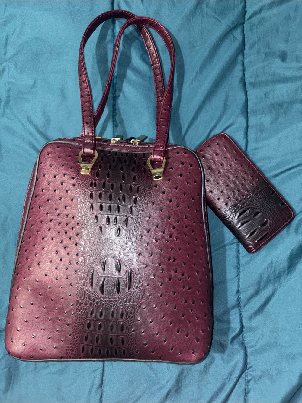2 pieces - Ostrich Croc Embossed Tote Bag in Deep Burgundy w/ Matching Wallet